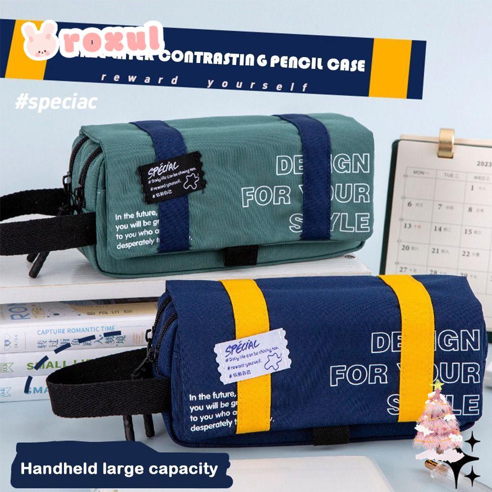 Bút Chì ROXUL, Túi Đựng Bút In Chữ Dung Tích Lớn, Bút 3 Lớp Di Động Bền Đẹp Chống Bụi Bẩn Học Sinh