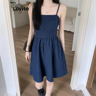 Đầm chữ a midi denim Lovito màu trơn xếp nếp đơn giản thời trang cho nữ LNE13103 (Xanh dương)