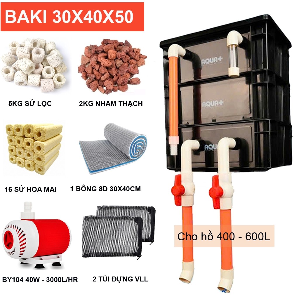 Combo Lọc Hồ Cá 400L-600L: Thùng Bakki 3 Tầng, Bơm Baoyu 40W, Vật Liệu Lọc Cao Cấp - Sạch Nước Trong