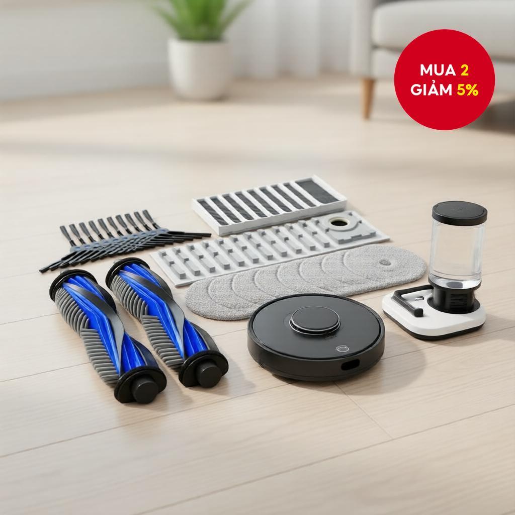 Phụ kiện cho Ecovacs Deebot Mini: Chổi chính, bộ lọc Hepa, túi bụi, khăn lau.