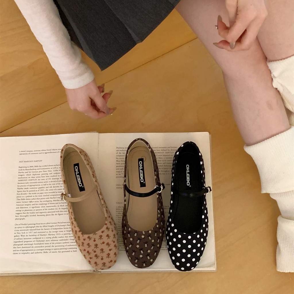 [Lamode] Giày Polka Dot Mary Jane Thời Trang Bà Giày Đế Bằng Khóa Giày Ba Lê Giày Nữ
