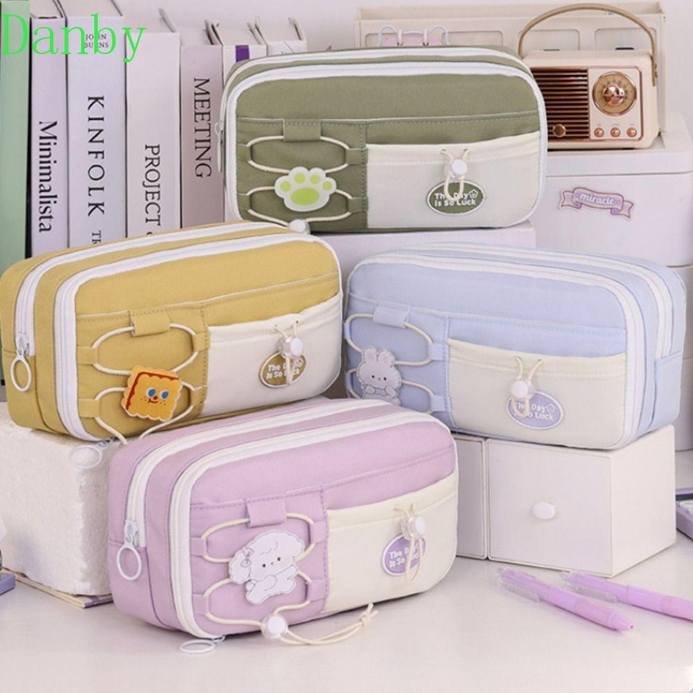 DANZIP Túi đựng bút chì dễ thương, Hộp đựng bút chì học sinh phong cách lật nhiều lớp, Canvas đơn gi