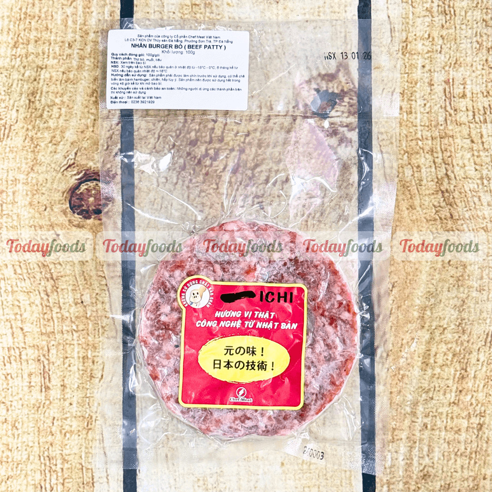 Nhân burger bò ICHI Chef Meat (Beef Patty) 100g đông lạnh – thịt bò muối tiêu, không chất bảo quản