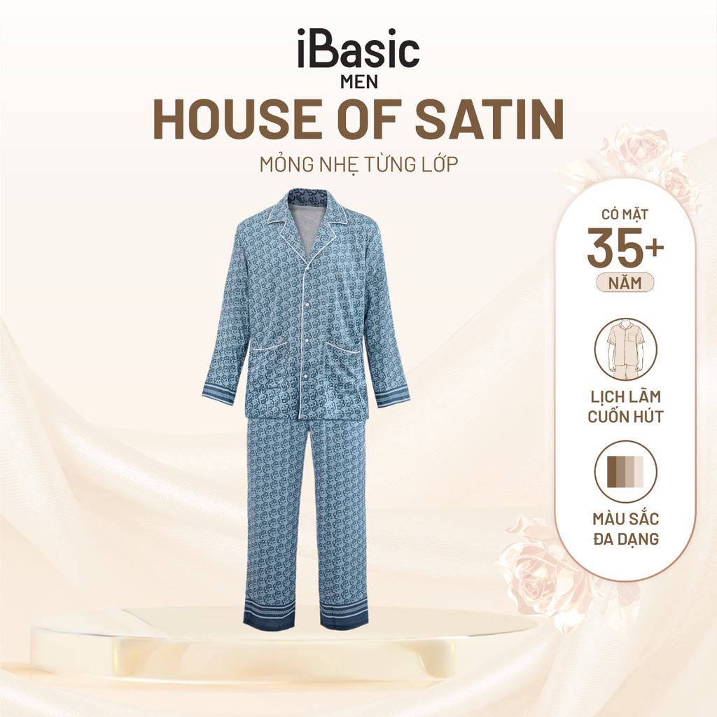Đồ bộ mặc nhà nam iBasic lụa satin họa tiết IB tay dài HOMM016