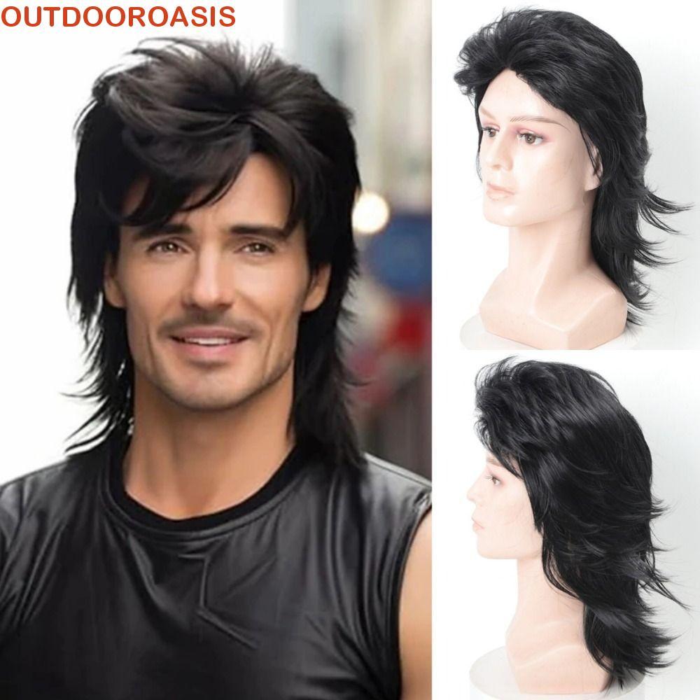 OUTDOROASIS Tóc Giả Mullet Nam, Style 70s-80s Punk & Disco, Tóc Thực Tế Xoăn