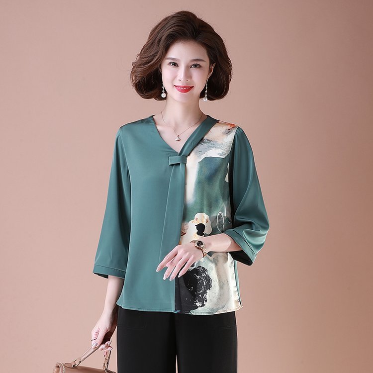 Fat Mom Summer Wear Western Style 50-Year-Old Middle-Aged Women's Chiffon Shirt Top Middle-Aged and 