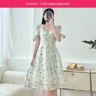 [SALE] Đầm nữ GUMAC A xòe cổ vuông họa tiết hoa lá tay phồng đính nơ tươi mát mùa hè  DE07012