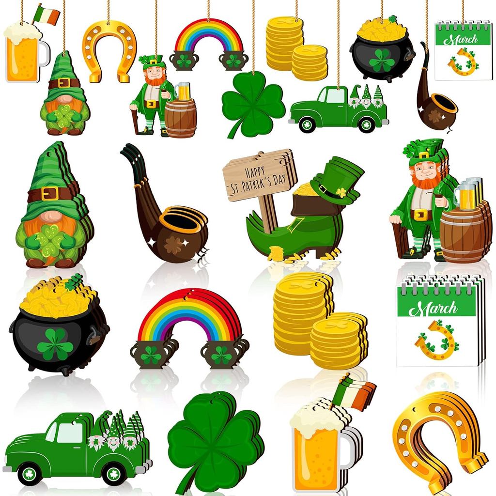 Chunful 36 chiếc St. Ngày Thánh Patrick Đồ Trang Trí Bằng Gỗ Shamrock Gnome Lá Xe Tải Mũ Cắt Leprech