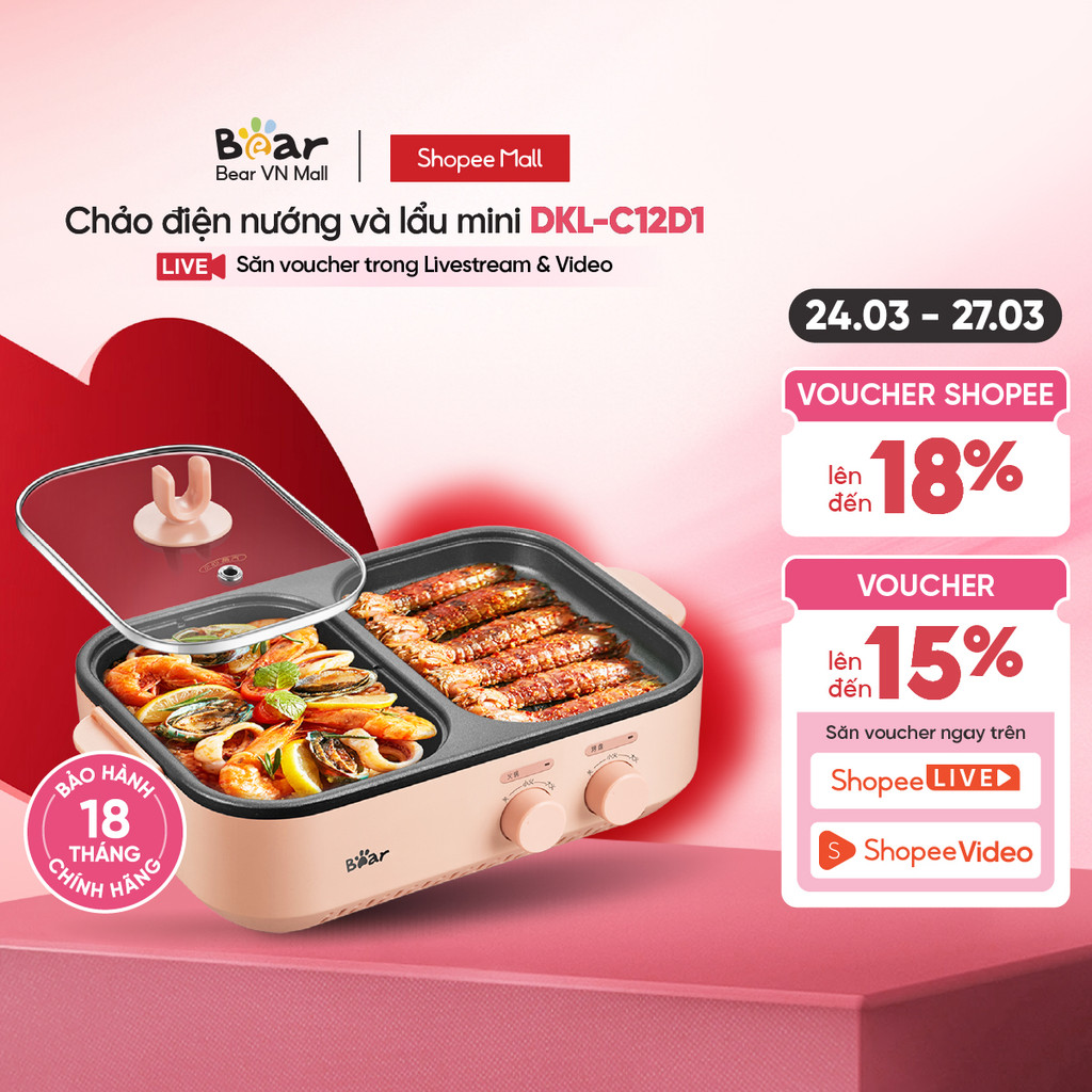 Bếp Lẩu Nướng Điện 2 Ngăn Đa Năng Mini 2 trong 1 Bear DKL-C12D1- Hàng Chính Hãng - Bảo Hành 18 Tháng