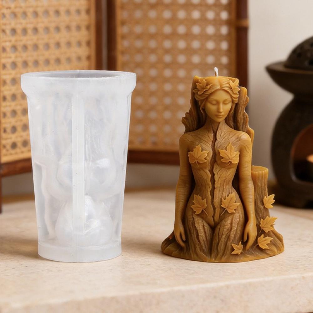 Khuôn Nến Silicon Dryad Nữ Thần Rừng 3D - Điêu Khắc Người Phụ Nữ Cây Nổi Họa Tiết Lá Phong, Silicon 