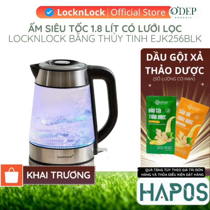 Ấm siêu tốc LocknLock 1.8L có LED, lưới lọc, bằng thủy tinh Glass Electric Kettle EJK256BLK - HAPOS 