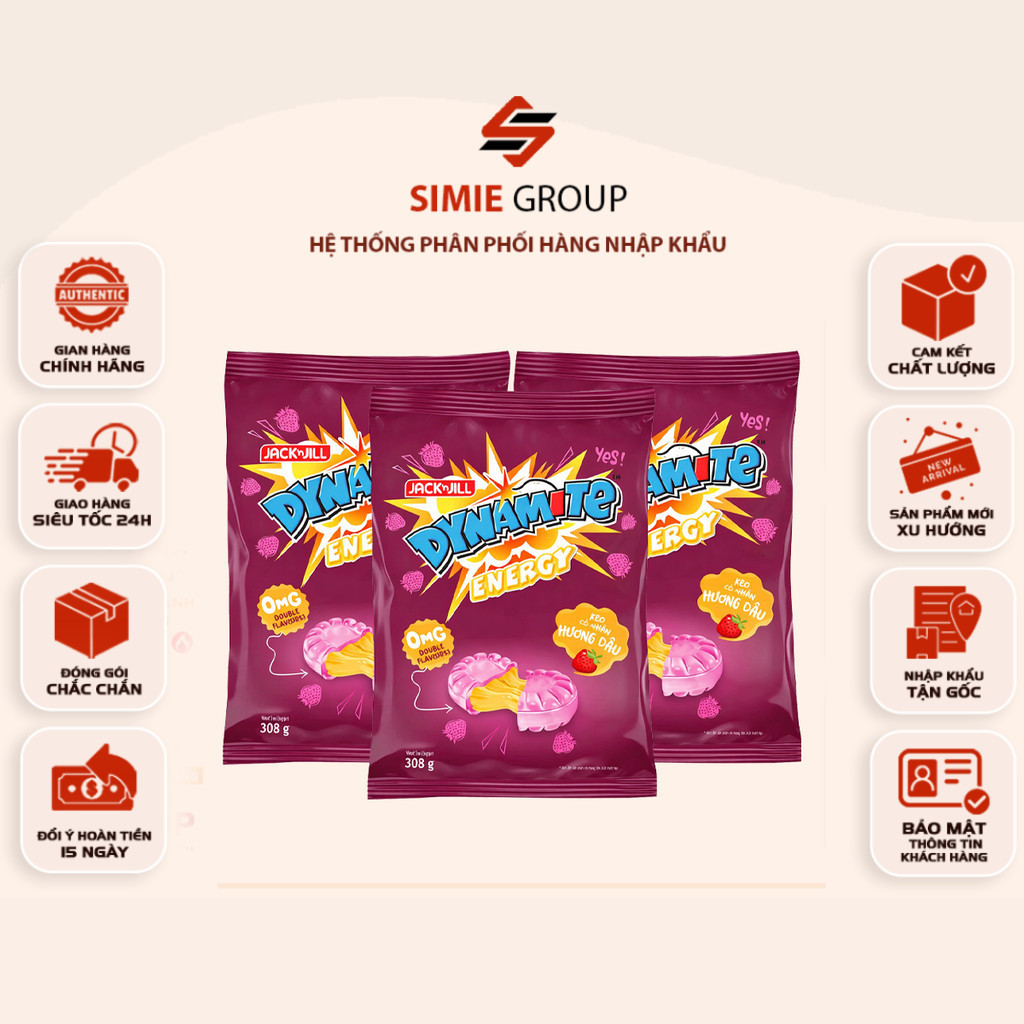 [MẪU MỚI] Kẹo Tăng Lực Dynamite Energy Nhân Dâu (Gói 308g) – Vị Dâu Ngọt Dịu, Nhân Trái Cây Bùng Nổ
