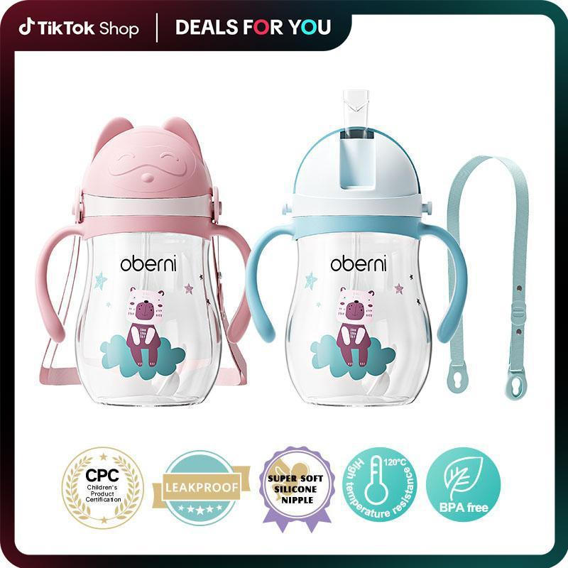 Oberni Sippy Cups 270ml/9oz Leakproof and No Spill Water Bottle with Weighted Straw, BPA-Free PP Tri