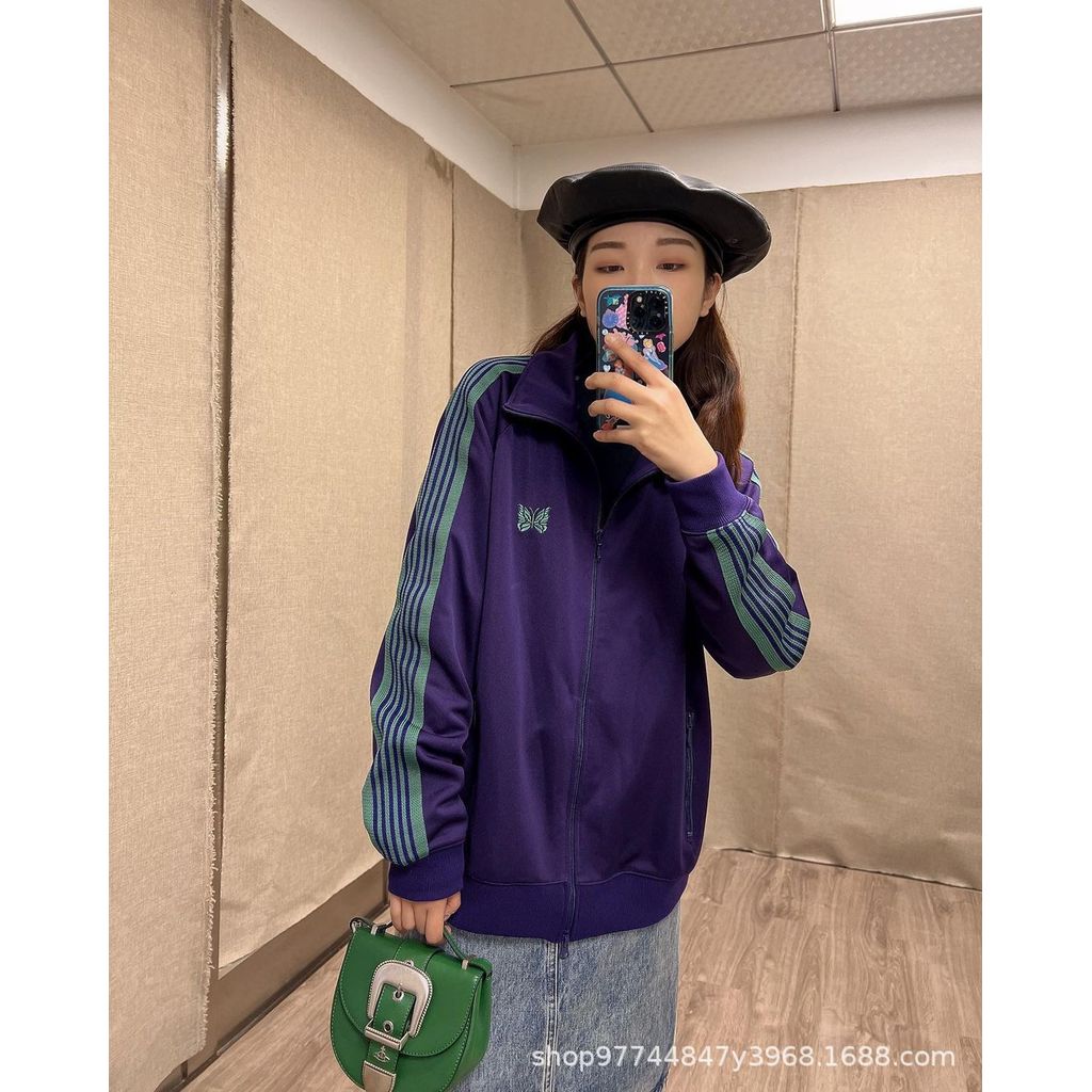 R0WJ Needles Embroidered unisex loose-fitting trendy stand-up collar jacket with wide braided straps