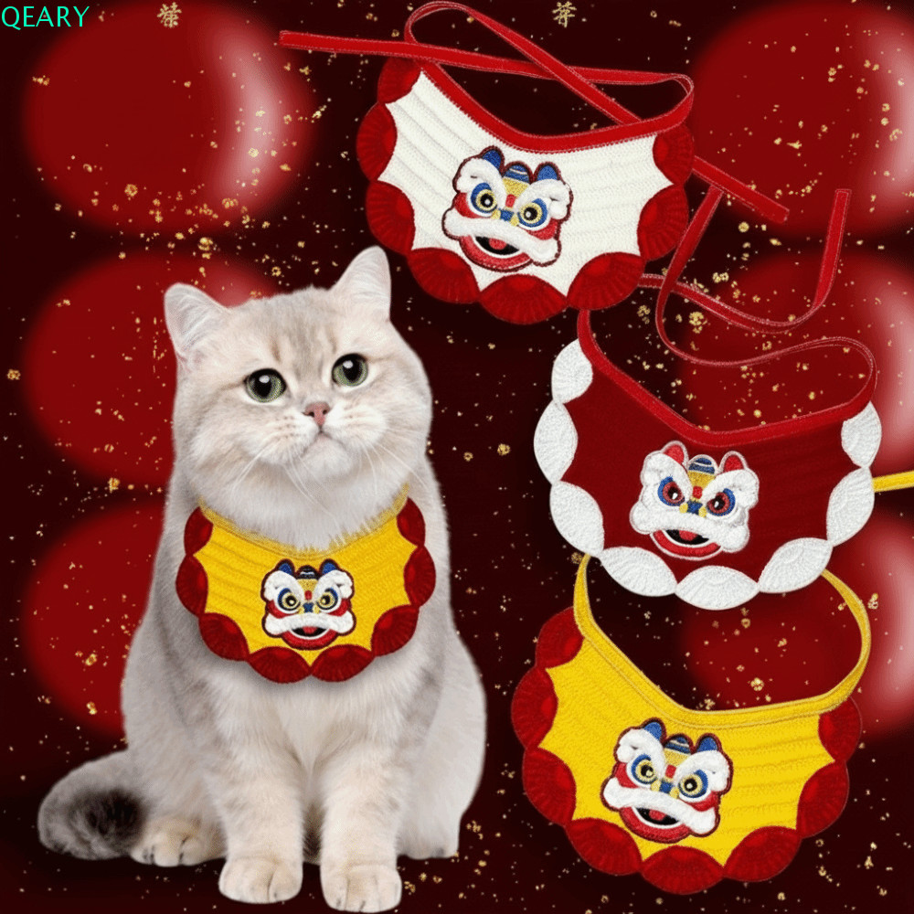 QEARY Pet Lion Dance Scarf, Phim Hoạt Hình Thêu Mèo Dệt Kim Drool Khăn, Dễ Thương Có Thể Điều Chỉnh 