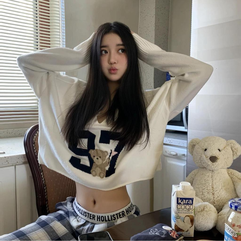 Hollister Nhỏ Seagull Gấu Ngắn Cổ Chữ V Dài Tay Dệt Kim Áo Len Hot Girl Mỹ Retro Casual Top