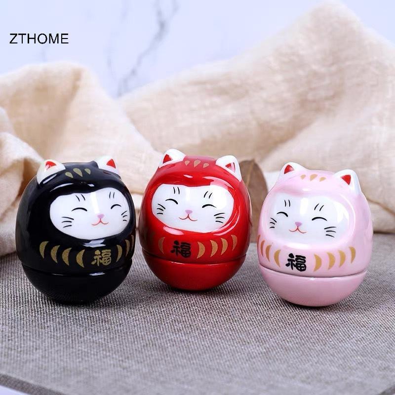 ZTHOME Gốm Daruma Tượng Daruma Daruma Tumbler Thủ Công Phong Cách Nhật Bản Mèo May Mắn May Mắn Trang