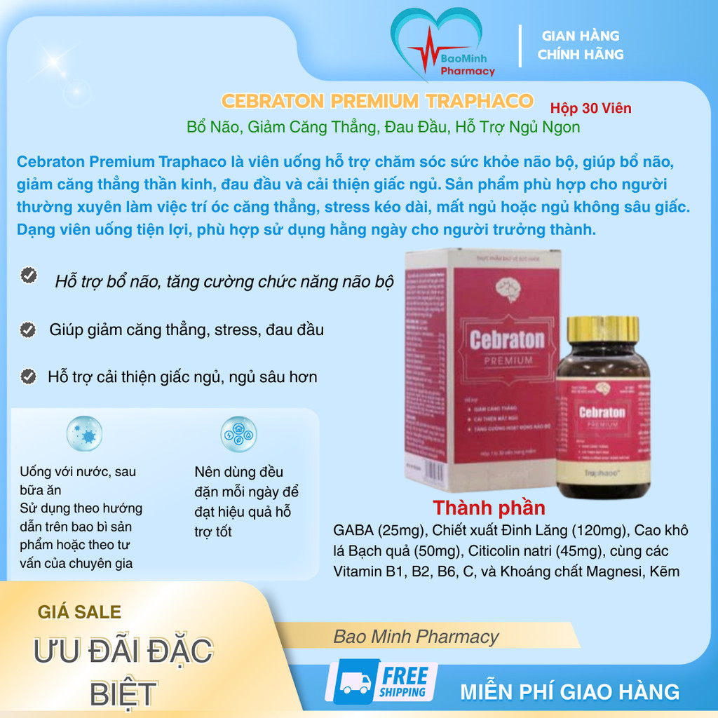 [Chính Hãng] Cebraton Premium Traphaco | Bổ Não, Giảm Căng Thẳng, Đau Đầu, Hỗ Trợ Ngủ Ngon | Hộp 30 