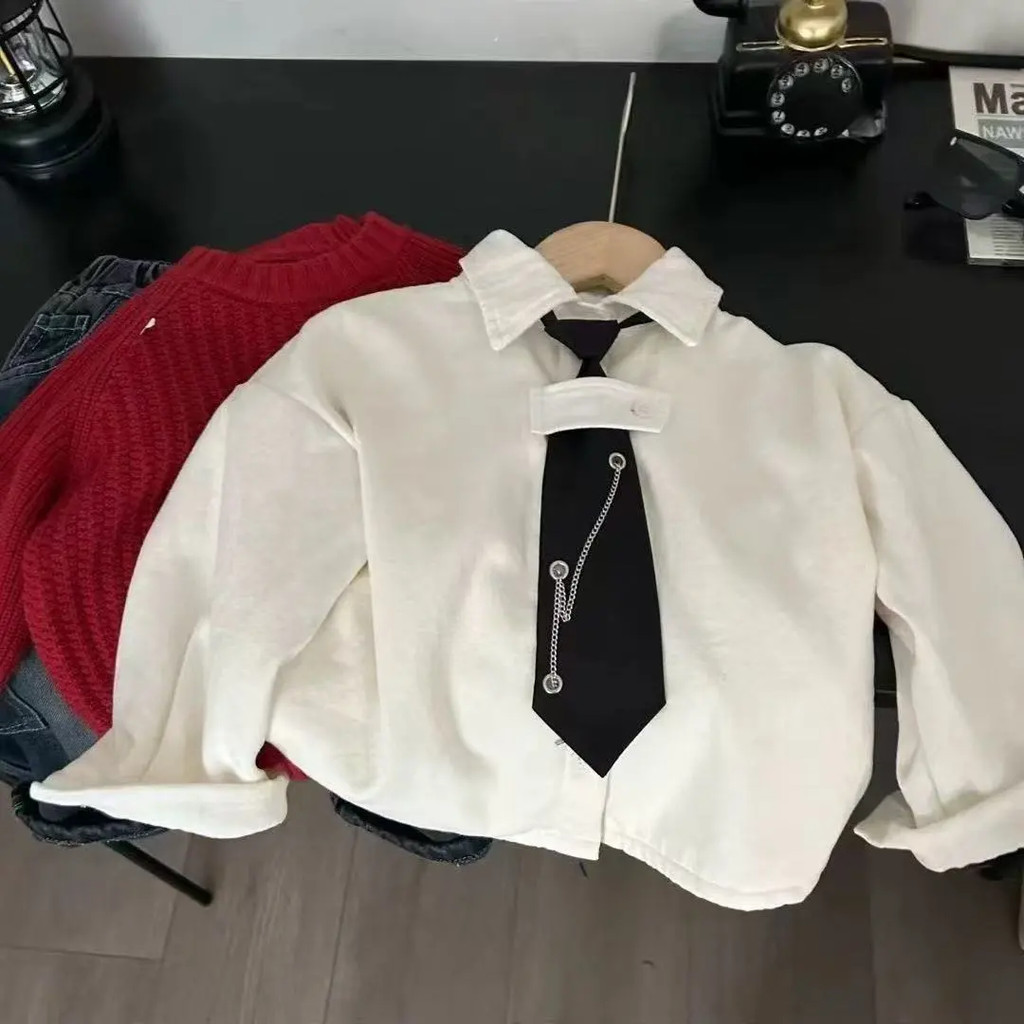 Áo Sơ Mi Trẻ Em Mùa Đông Phong Cách Mới Bé Trai Lông Cừu Lót Ve Áo Kim Cương Hợp Thời Trang Phù Hợp 