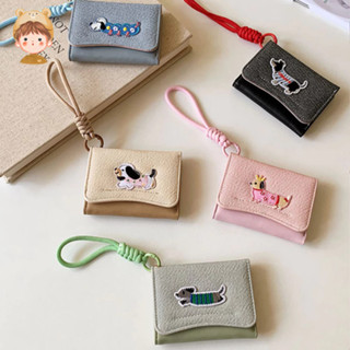 Hộp đựng thẻ PU hoạt hình Dachshund, Ví dây buộc chống mất cho nữ, Hộp đựng thẻ tối giản dễ thương Hàn Quốc, Dây đeo có thể tháo rời, 5 màu, 11x8x2cm