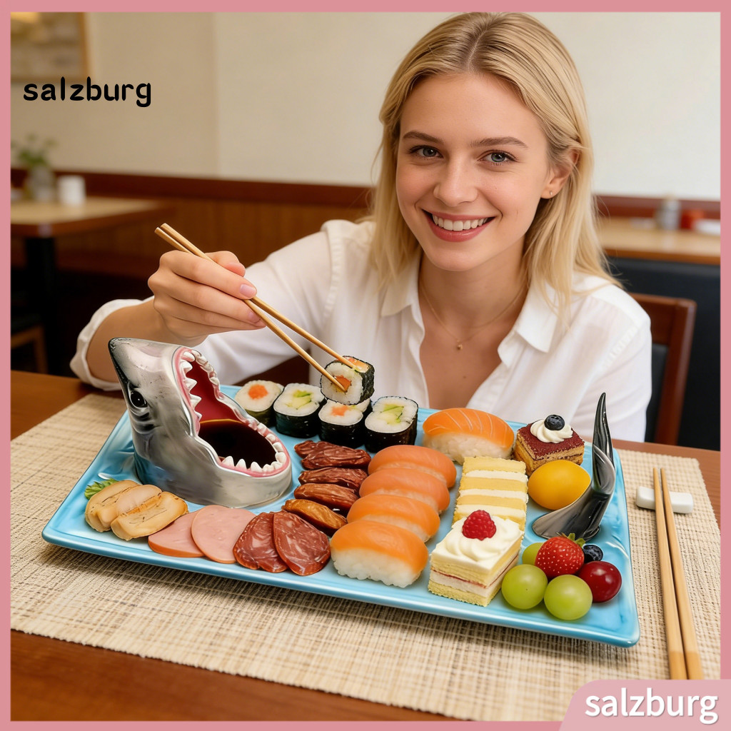 < salzburg > Bộ đồ ăn cá mập độc đáo Đĩa gốm sứ thủ công Đĩa sushi cá mập gốm sứ thủ công với Đũa bá