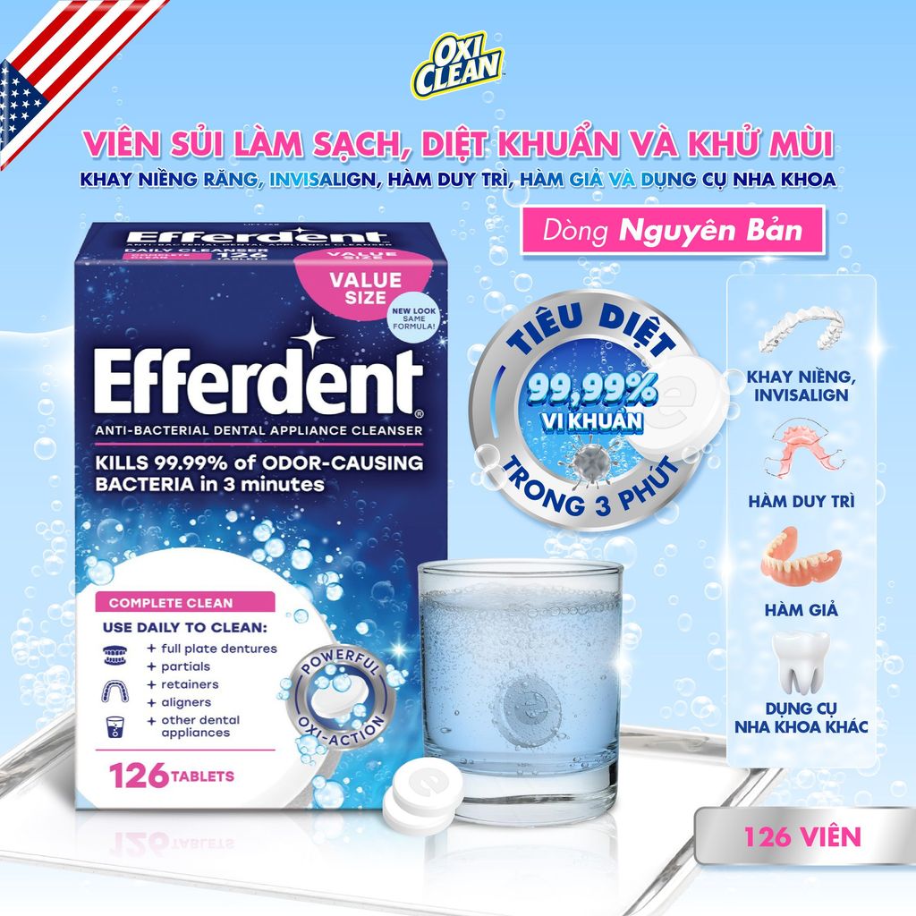 Hộp viên sủi vệ sinh hàm duy trì và khay niềng răng Invisalign Efferdent Complete Clean Denture Clea