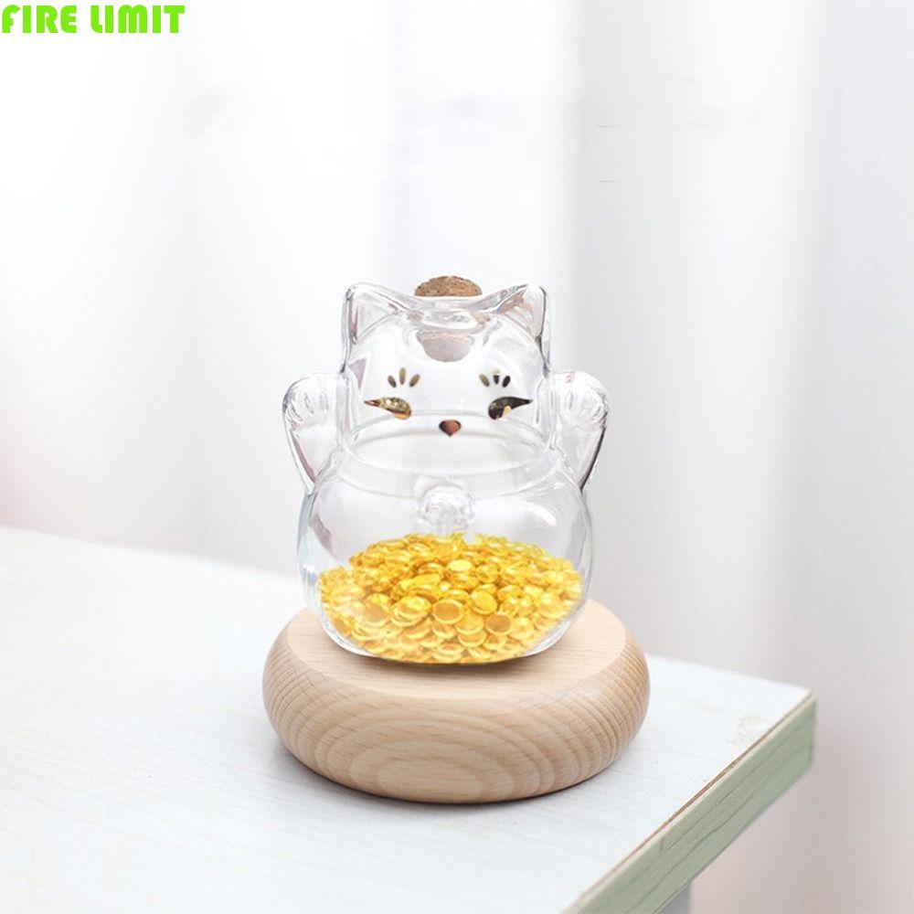 FIRE LIMIT Cat Shape Saving Jar, Kính trong suốt Lucky Cat Glass Coin Bank, Chai chúc có đế gỗ Trang
