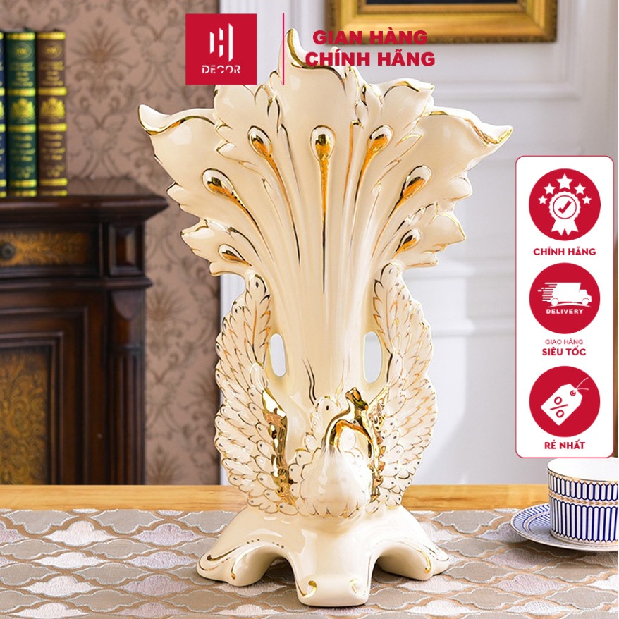 Bình Cắm Hoa Chim Công Gốm Sứ Cao Cấp Vẽ Viền Vàng Sang Trọng, Họa Tiết Công Khoe Sắc - HDECOR