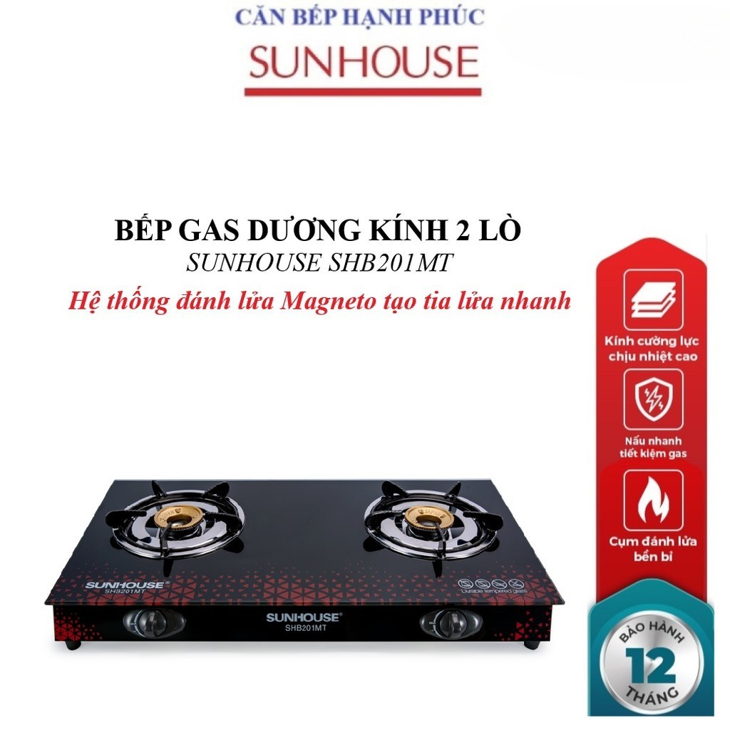 Bếp gas dương kính SUNHOUSE SHB201MT, Hệ thống đánh lửa Magneto tạo tia lửa nhanh, Kiềng bếp độc lập