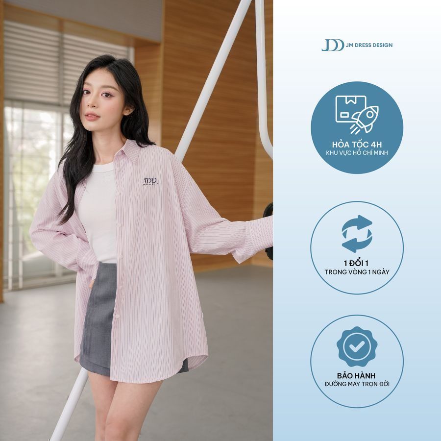 Áo sơ mi rộng xẻ sau 2S14.2503K, áo sơ mi kẻ, sơ mi nữ trắng form rộng thiết kế bởi JM Dress Design