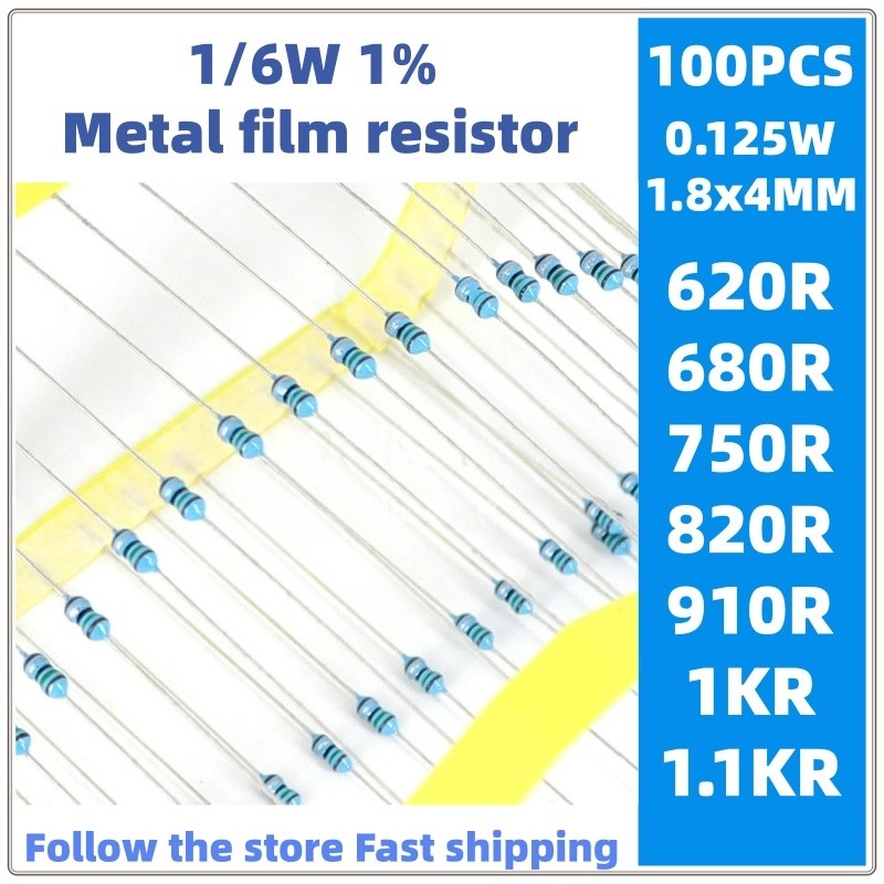 100 Chiếc 1 / 6w Kim Loại Phim Điện Trở 1% 0.125w 620R 680 750R 820 910R ohm 1K 1.1KR kilo-ohm
