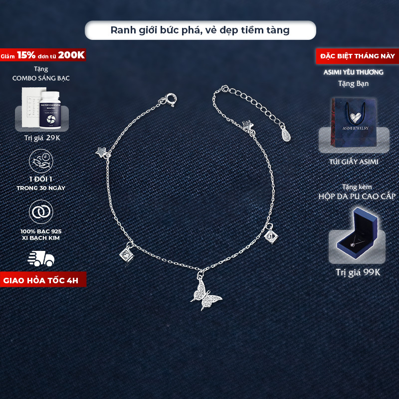 Lắc chân bạc Ý Bướ.m Nhỏ Asimi, Lắc chân bạc nữ S925 nữ tính mỏng manh Butterfly in Glass LC10
