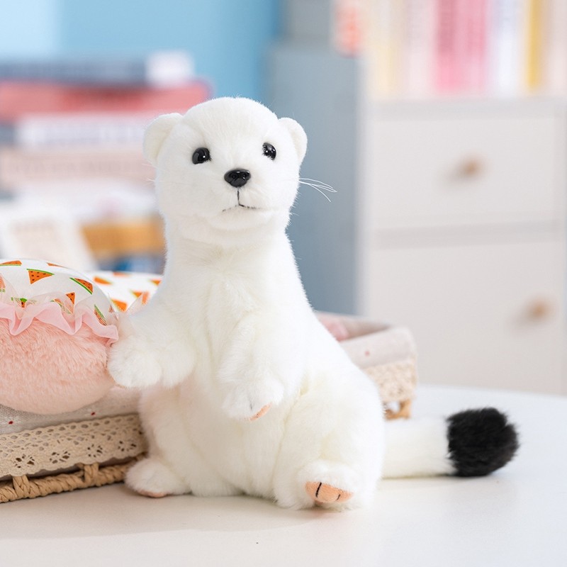 Đồ chơi nhồi bông Ermine trắng thực tế - Búp bê nhồi bông mềm / Weasel | Hình động vật hoang dã dễ t