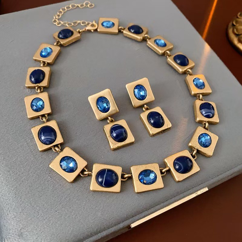 Thời Trung Cổ vintage Bông Tai Vòng Cổ Bạc Kim Cương Bông Tai Vuông Phong Cách Cung Điện Retro Bộ Vò