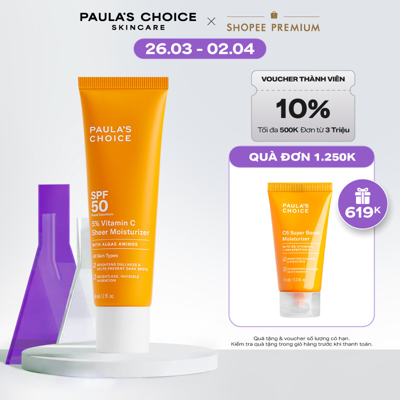 Kem chống nắng dưỡng ẩm giúp làm sáng và đều màu da SPF 50 Paula's Choice 5% Vitamin C 60ml - 1360