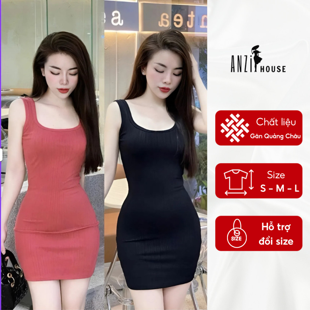 Đầm body dáng ngắn, Váy Body vải thun gân Quảng Châu co giãn mát mẻ đi tiệc đi biển mùa Hè ANZi Hous