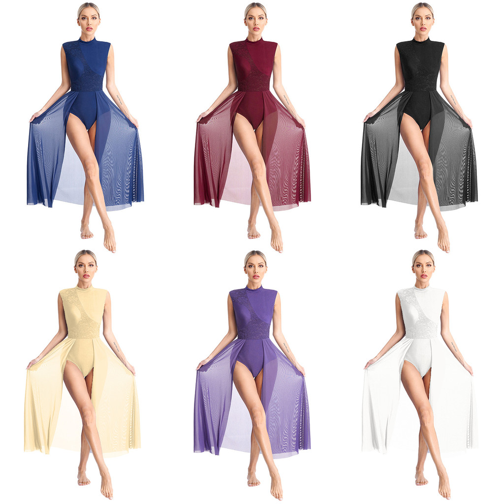 Venjoe Nữ Họa Tiết Hoa Ren Chắp Vá Lyric Dance Dress Mock Cổ Mở Lưng Không Tay Leotard Váy Sân Khấu 
