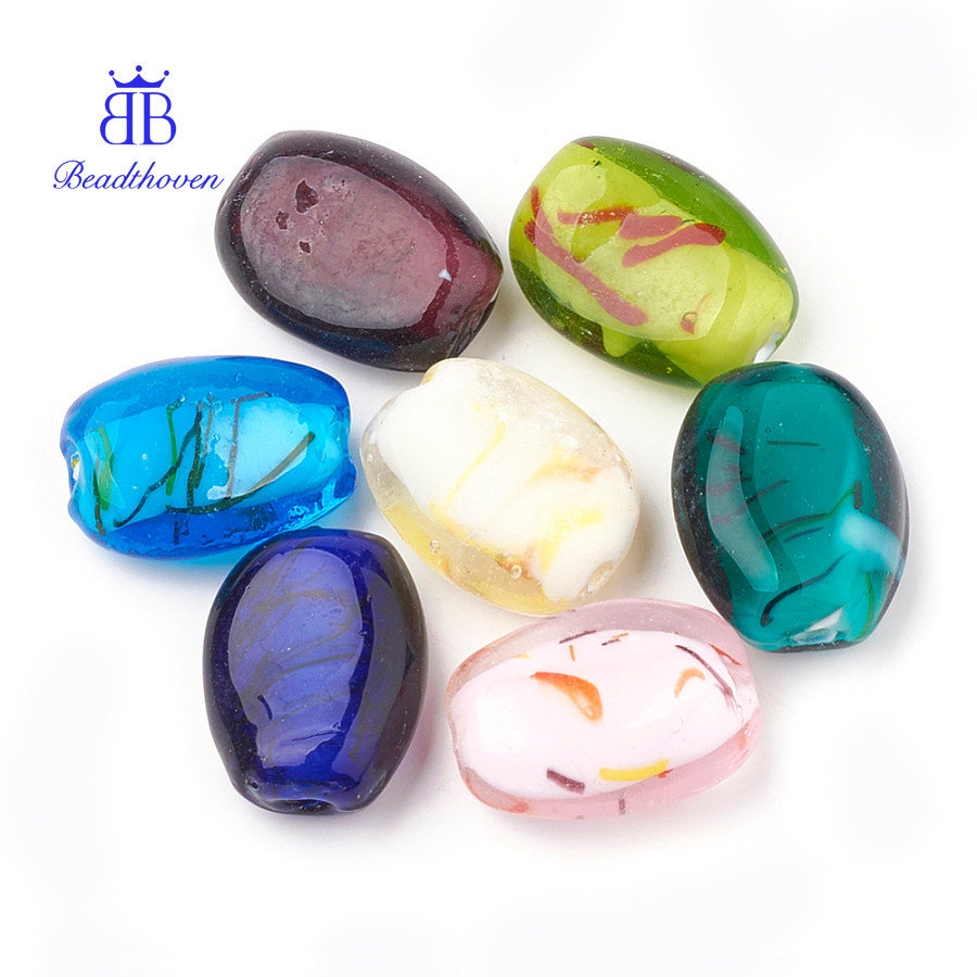 10 Hạt Thủ Công Lampwork Hình Bầu Dục, Màu Sắc Đa Dạng, Kích Thước 30.5x22-23x12-13mm, Lỗ 2mm