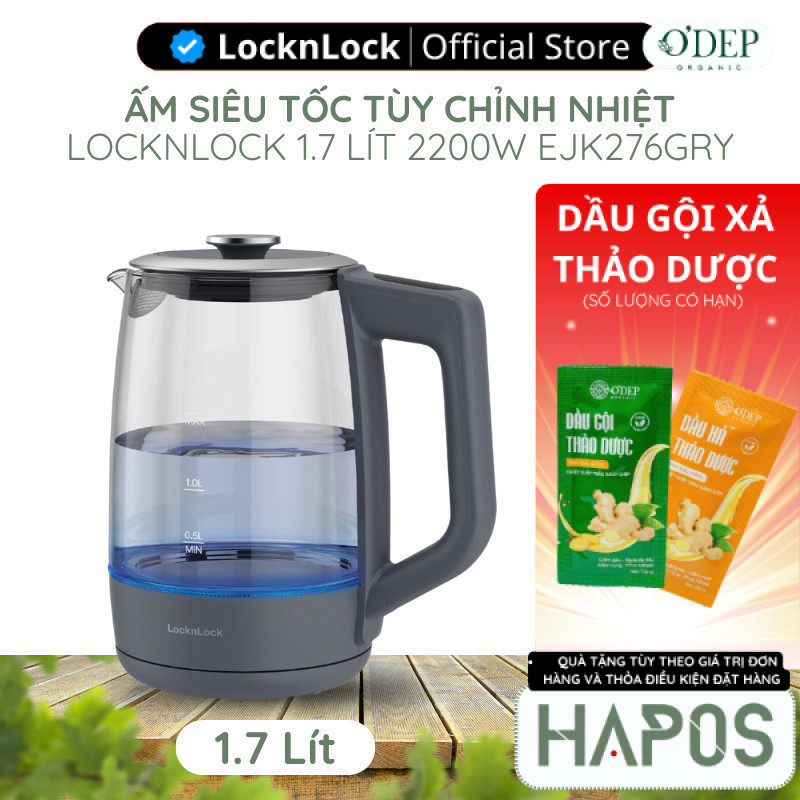 Ấm đun siêu tốc 5 mức nhiệt LocknLock Smart Glow Glass Electric Kettle 1.7L EJK276GRY - HAPOS LBE