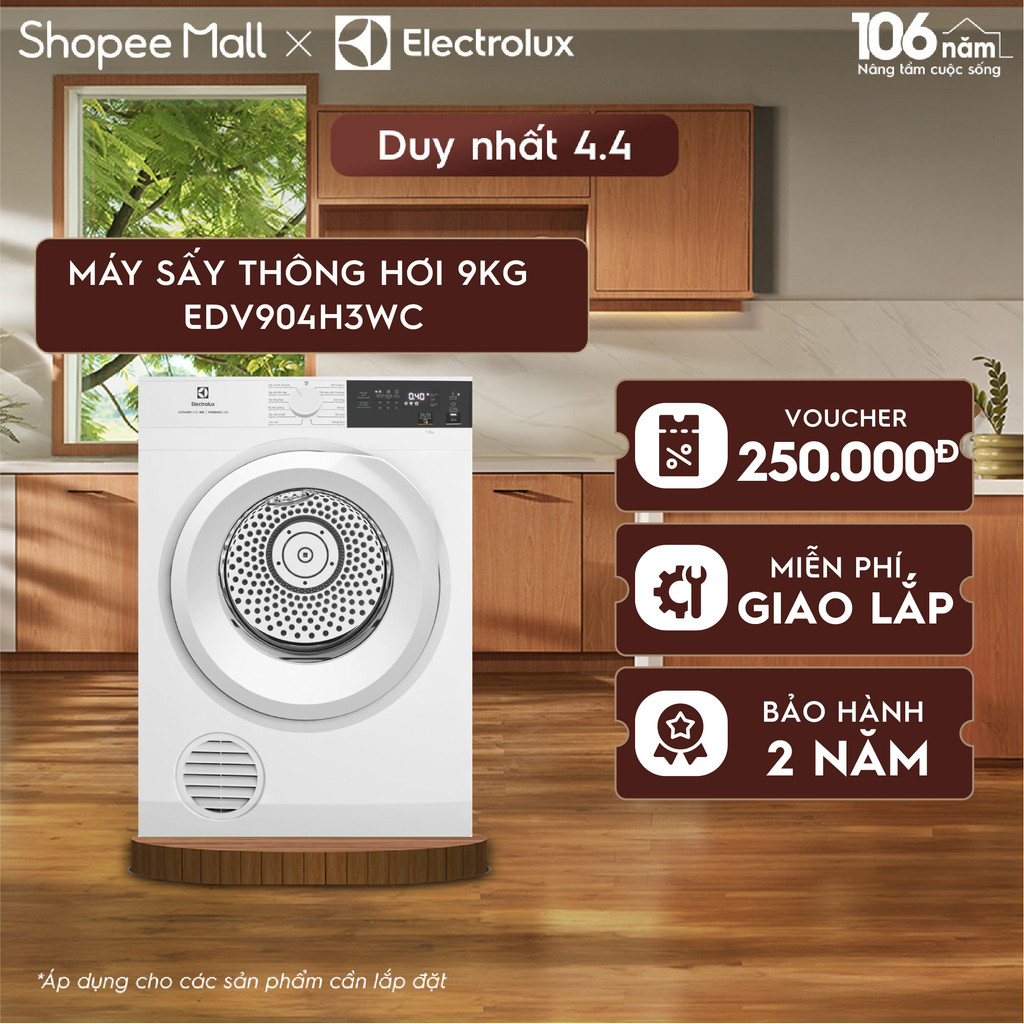 Free giao lắp - Máy sấy thông hơi 9KG Electrolux EDV904H3WC - sấy đảo chiều chống nhăn, diệt khuẩn, bền màu