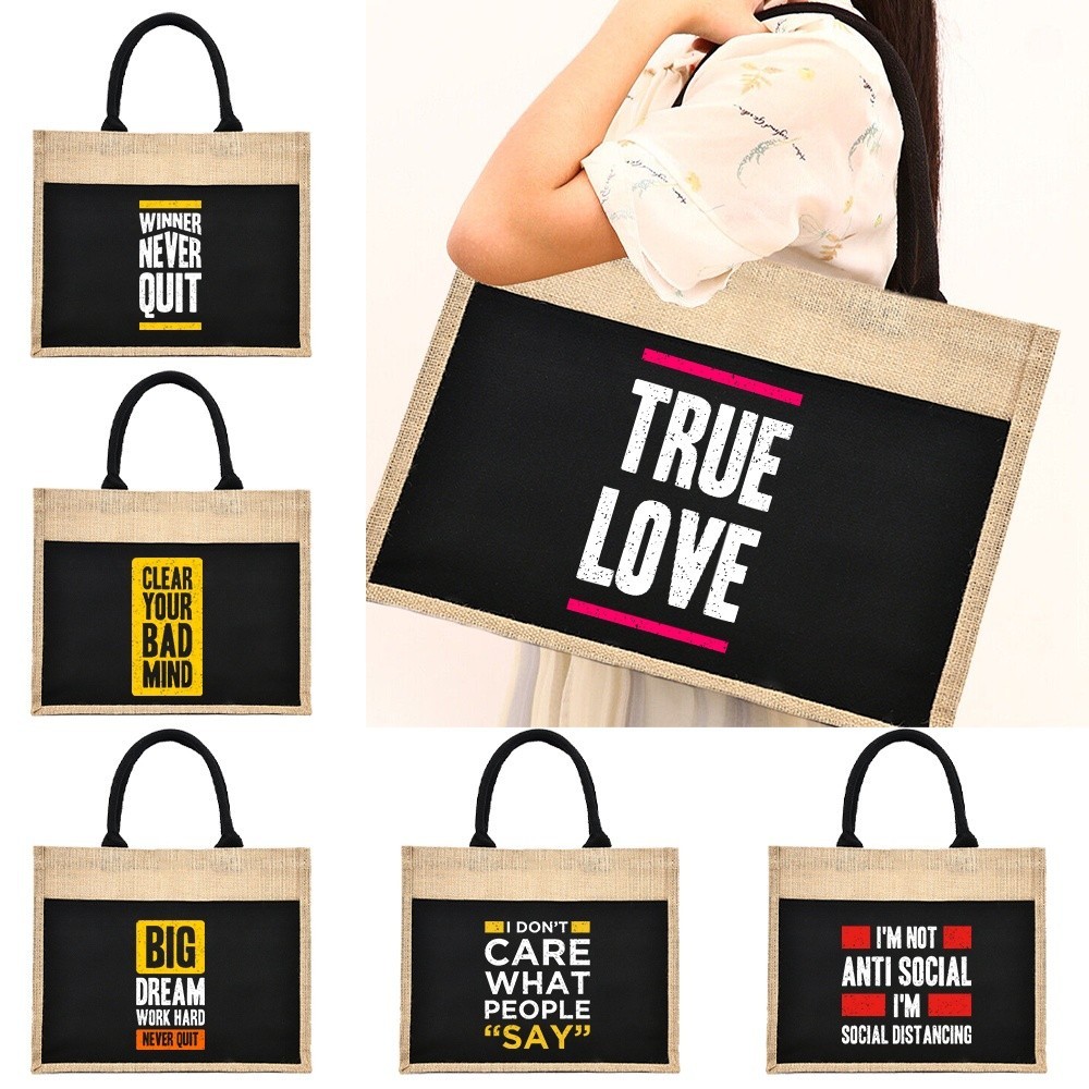 Jute Handbag Linen Shoulder Sacks Women Shopping Tote Laminated Bag Pray More Stress Less Jute Imita