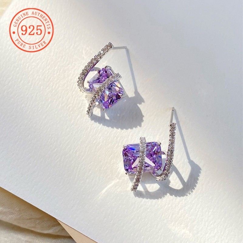 SHEFULI Bông tai kim cương tím hình vuông CSX741