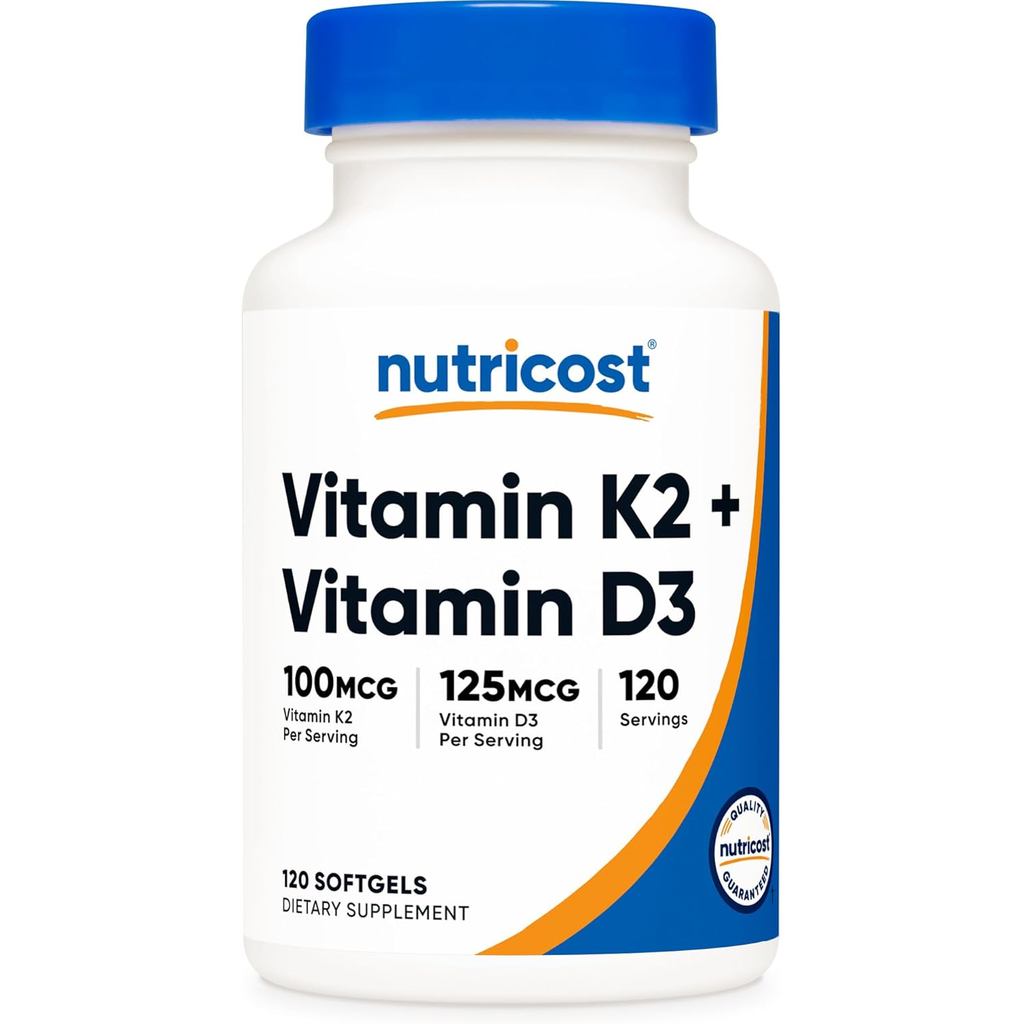 Nutricost Vitamin K2 (MK7) (100mcg) + Vitamin D3 (5000 IU) 120 Softgels - Không chứa Gluten và Không