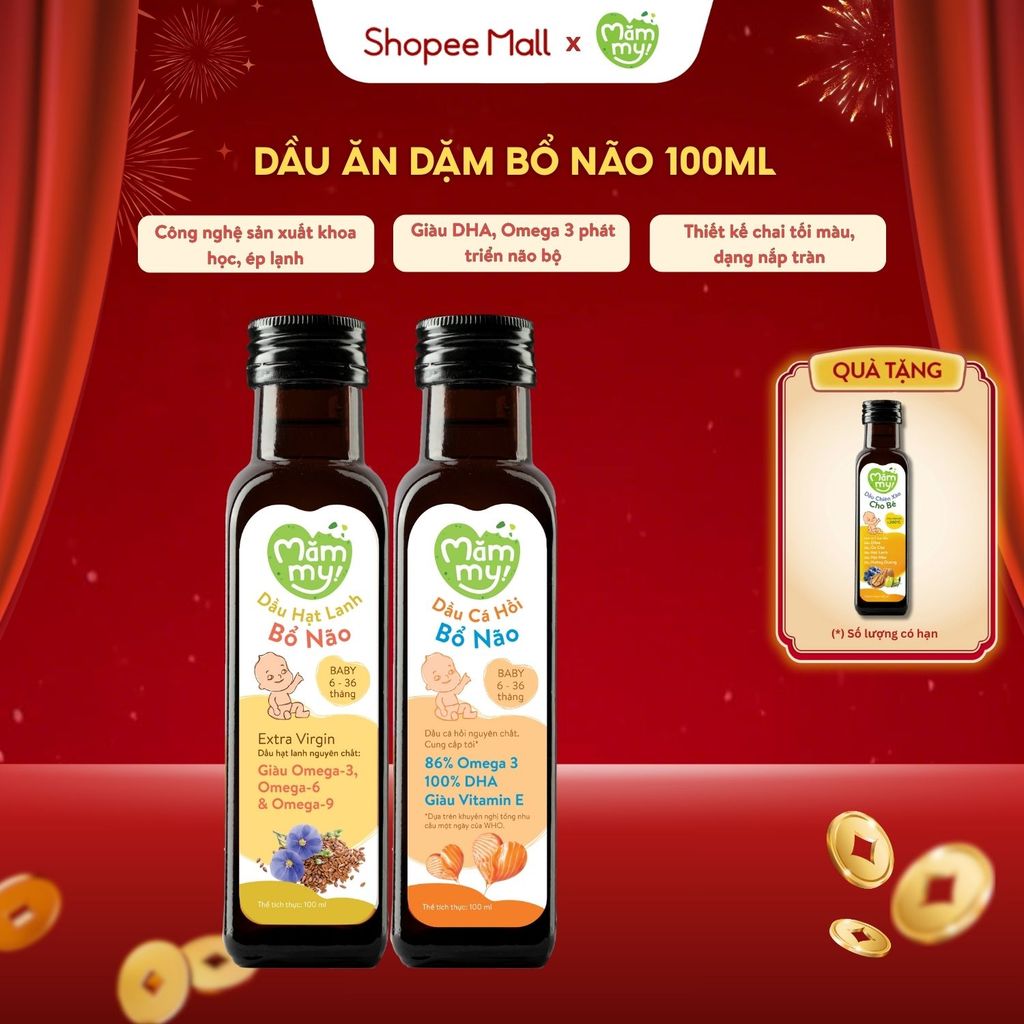 Combo 2 dầu ăn dặm cho bé Mămmy dầu ăn dặm cá hồi, hạt lanh, olive bổ não bé từ 6 tháng, chai 100ML