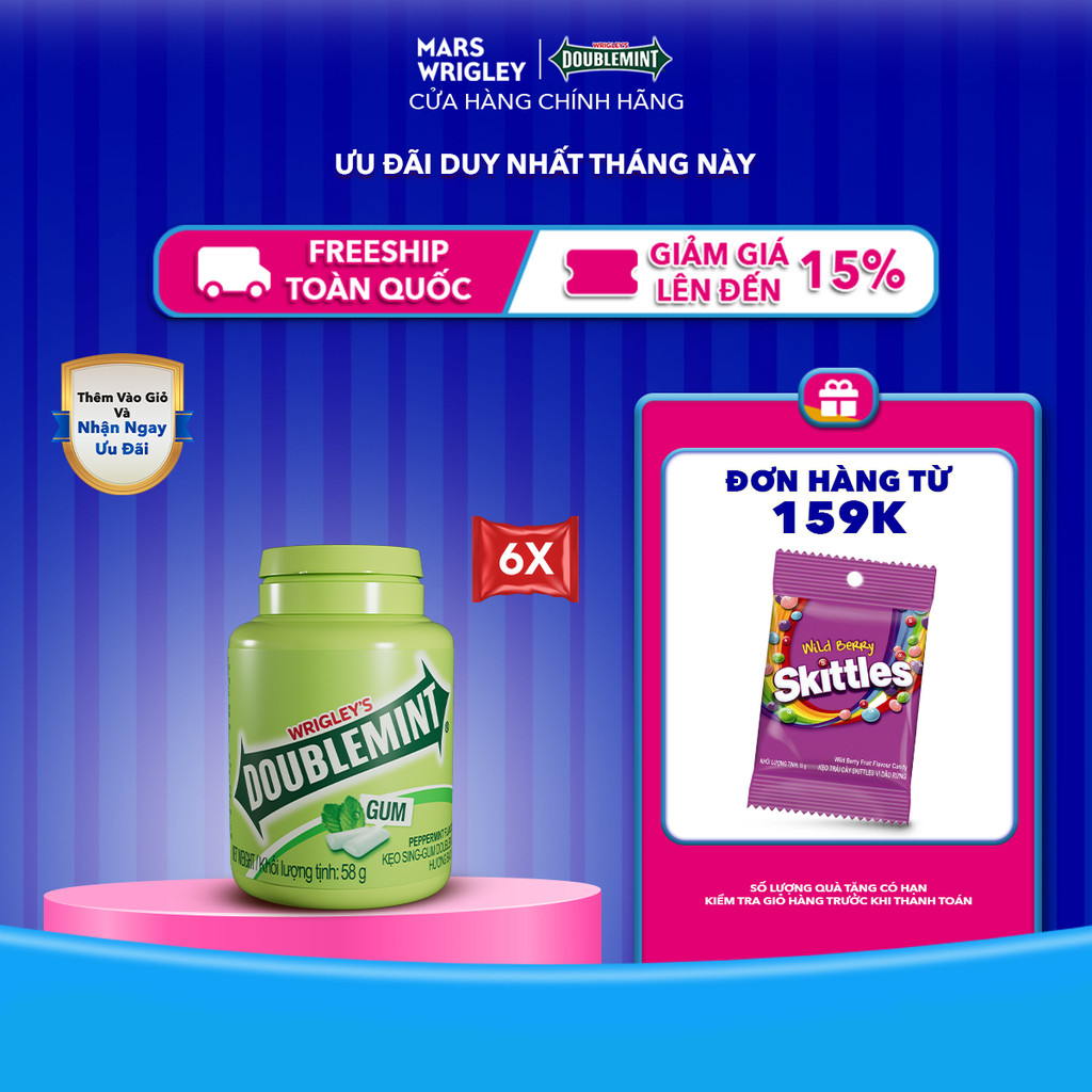 Combo 6 hũ kẹo Candy Sing-gum Doublemint hương bạc hà hũ 40 viên