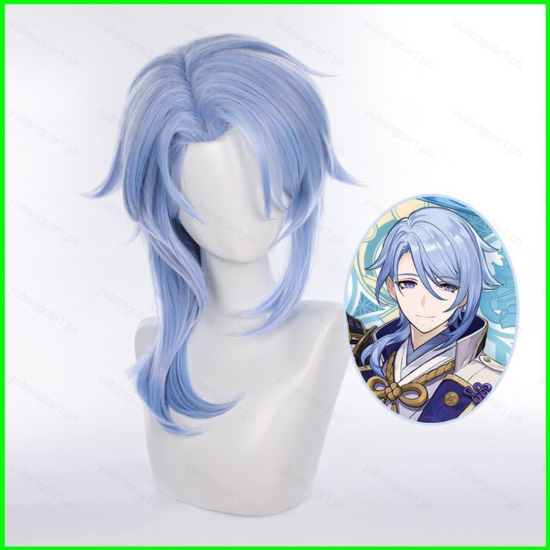 Tóc giả cosplay anime màu xanh lông tơ cho nhân vật Kamisato Ayato, phù hợp Halloween