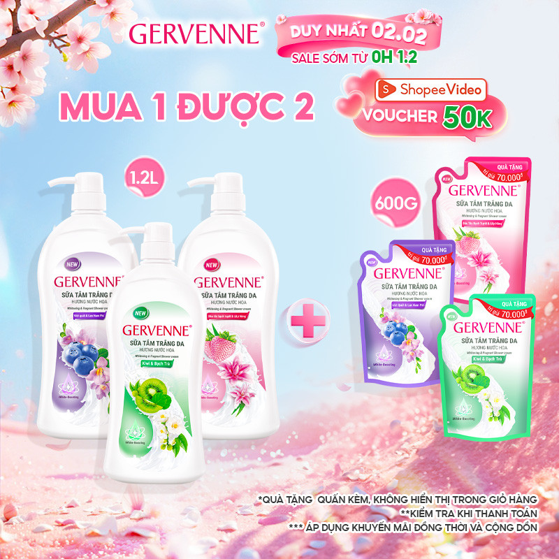 [TẶNG TÚI 600G] Sữa tắm trắng da Gervenne 1.2L + Tặng kèm Túi sữa tắm 600g (Tặng mùi ngẫu nhiên)