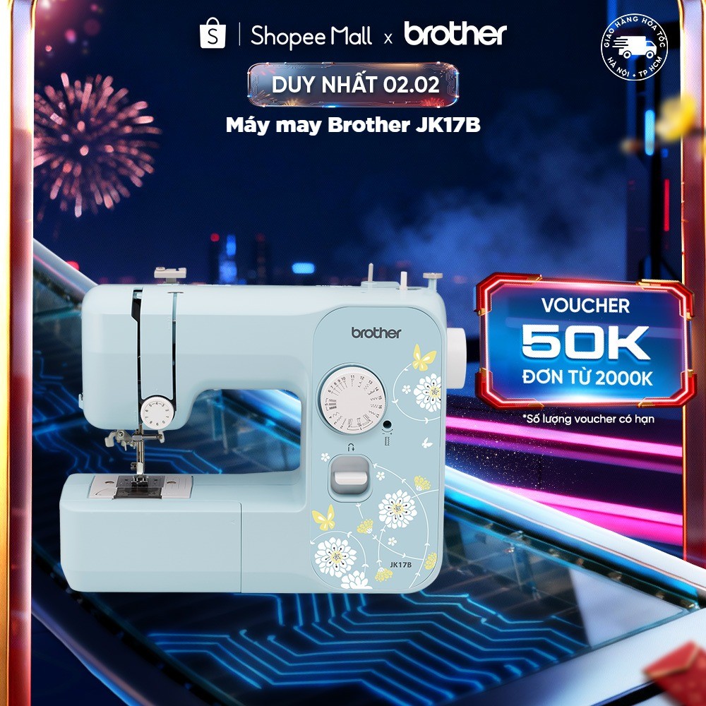 Máy May Gia Đình Brother JK17B - 17 Mẫu Khâu, Tự Động Xỏ Chỉ, Đèn LED