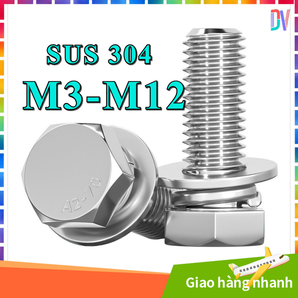 Bulong liên kết M3-M12 inox 304 ( 1 Bộ gồm Bulong + Long đền phẳng) [DVA]