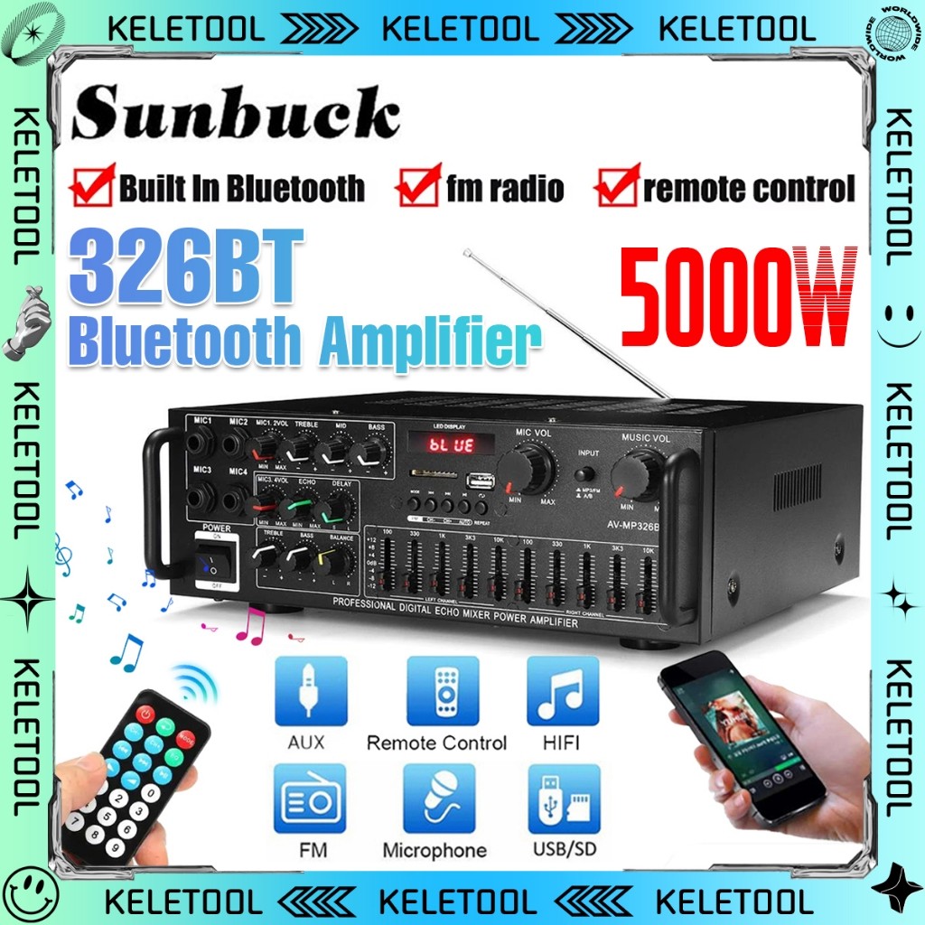 Amply Bluetooth Sunbuck 326BT 5000W - Âm thanh nổi không dây mạnh mẽ cho gia đình & EQ 2.0CH